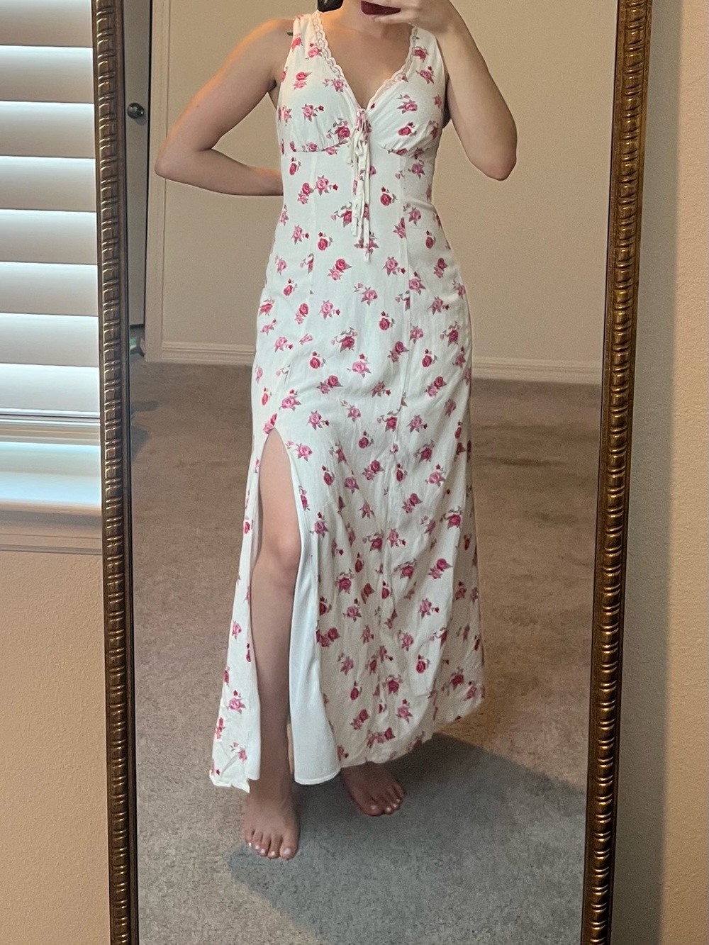 Crystal Doll White Maxi Dress with Pink Rose Print